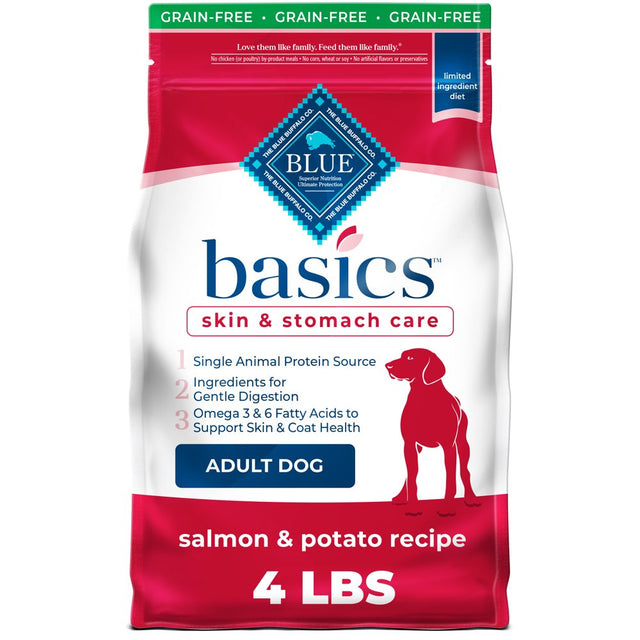 Blue Buffalo Basics Skin & Stomach Care Salmon and Potato Dry Dog Food for Adult Dogs, Grain-Free, 4 Lb. Bag