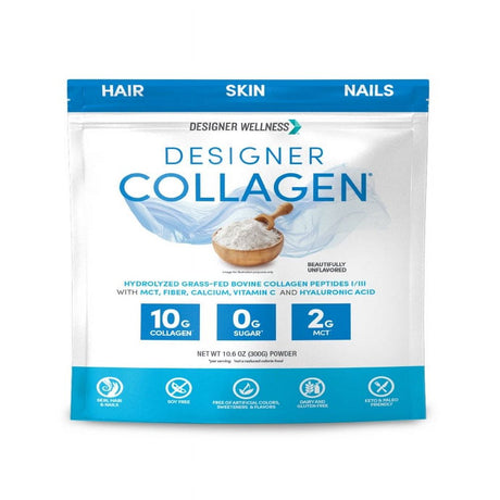 Designer Wellness, Designer Collagen Protein, Keto Hydrolyzed Grass-Fed Bovine Collagen Peptides I/III with MCT, Fiber, Calcium, Vitamin C and Hyaluronic Acid, Unflavored