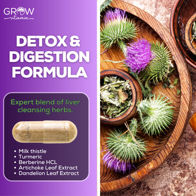 Grow Vitamin Liver Cleanse Detox & Repair Formula - Herbal Liver Support Supplement with Milk Thistle Dandelion Root Turmeric and Artichoke Extract for Liver Health