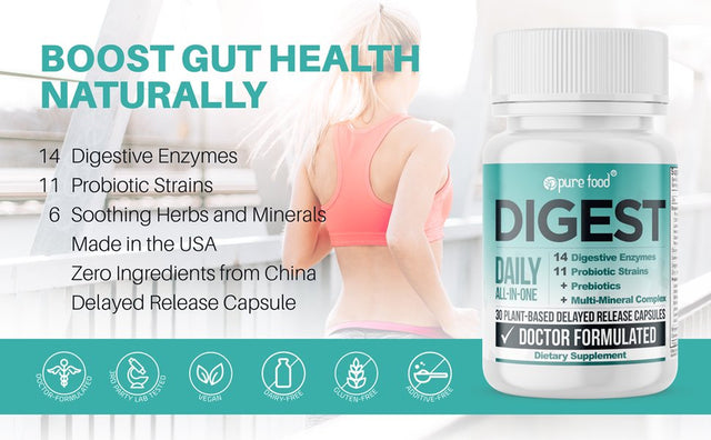 Pure Food Digest | 14 Digestive Enzymes plus 11 Probiotics, Prebiotics & Soothing Herbs | Support Gut Health Naturally | Doctor Formulated, Vegan | 30 Plant-Based Capsules