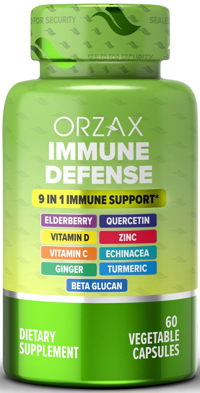 ORZAX 9 in 1 Immune Defense Supplement High Strength Vitamin C & D with Zinc, Quercetin, Turmeric & Ginger, Echinacea Capsules - Herbal Defense for Immune System Support - 60 Veg Capsules