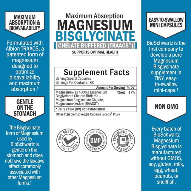 Bioschwartz Magnesium Bisglycinate 100% | Maximum Absorption | Health and Muscle Support | 180 Ct