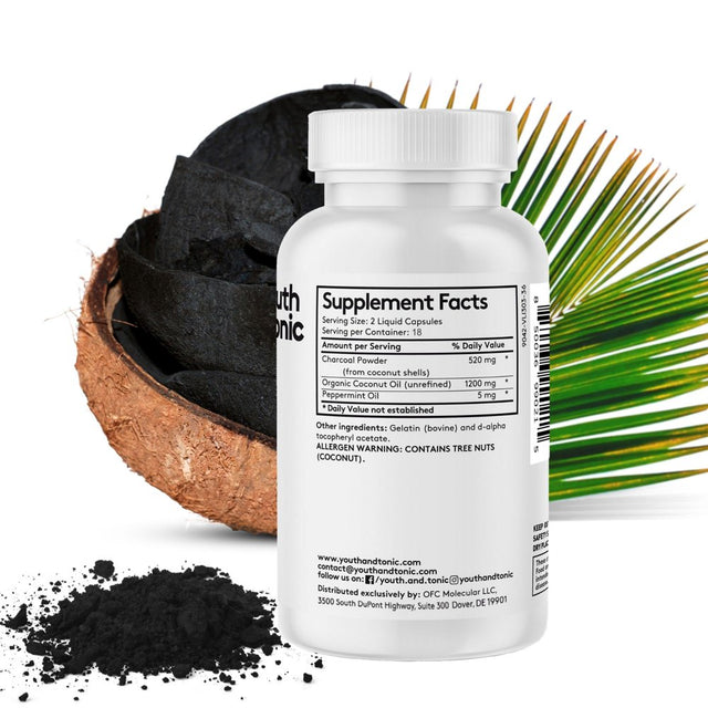 Youth & Tonic Activated Liquid Charcoal for Bloating and Gas Relief, Body Detox with Peppermint Oil for Gut Health