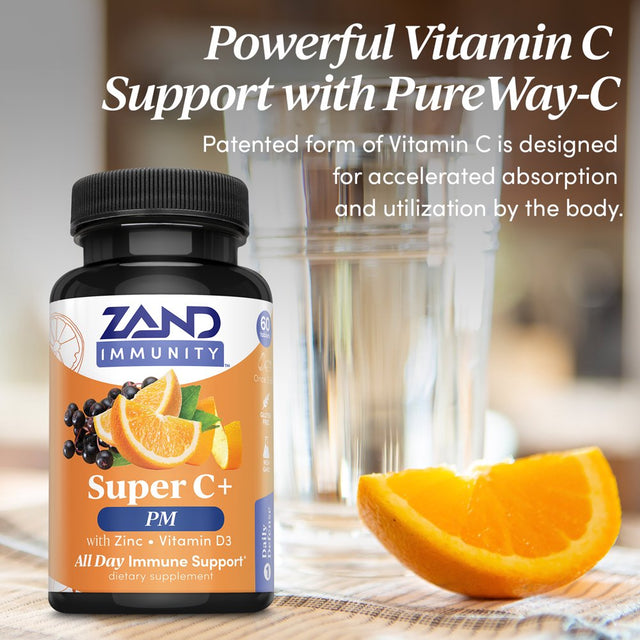 Zand Immunity Super C+ PM, Nighttime Immune Support plus Melatonin, 1000Mg Pureway-C Vitamin C, Zinc, D3 & Elderberry, Enhanced Absorption - 60 Tablets, 30 Servings