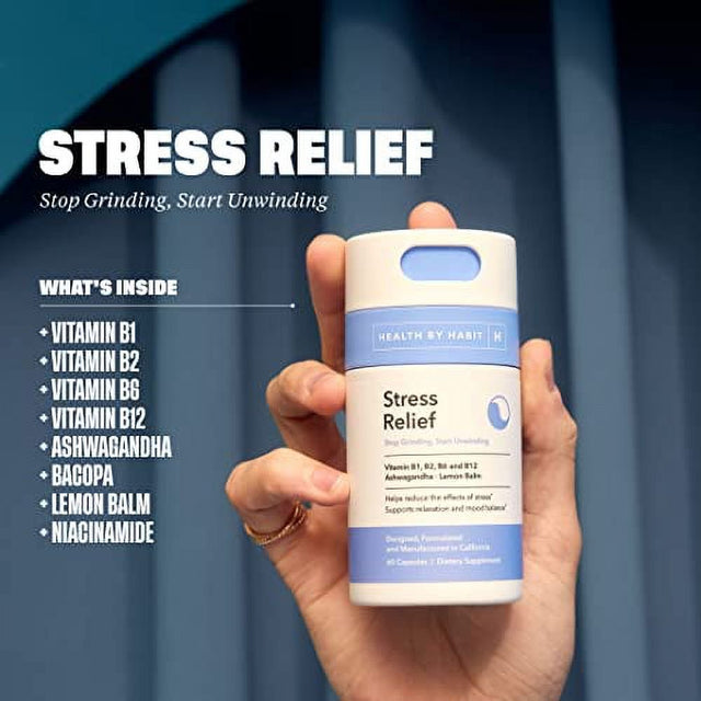 Health by Habit Stress Relief Supplement (60 Capsules) - Vitamin B, Zen, Lemon Balm, Supports Relaxation, Mood Balance, Reduce Stress, Non-Gmo, Sugar Free (1 Pack)