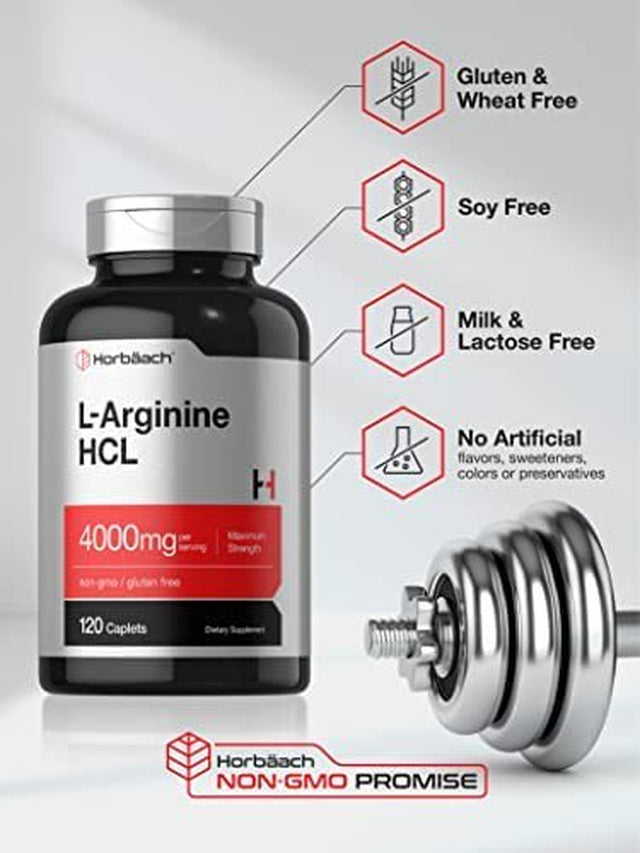 L-Arginine 4000Mg | 120 Caplets | Maximum Strength Nitric Oxide Precursor | Vegetarian, Non-Gmo, Gluten Free Supplement | by Horbaach