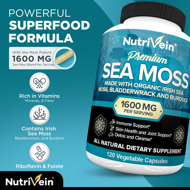 Nutrivein Organic Sea Moss 1600Mg - 120 Capsules - Keto Detox, Gut, Joint Support