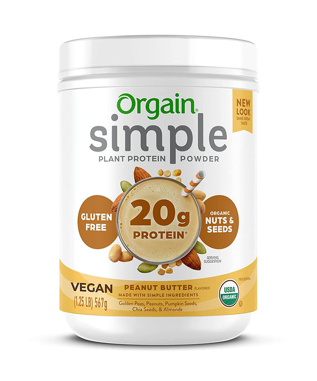 Orgain Organic Simple Vegan Protein Powder, Peanut Butter - 20G Plant Based Protein, Made with Fewer Ingredients, No Stevia or Artificial Sweeteners, Gluten Free, Dairy Free, Soy Free - 1.25Lb