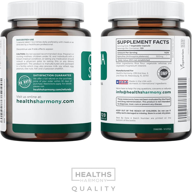 Healths Harmony California Spirulina Capsules (NON-GMO) 120 Vegetarian Capsules 500Mg - Blue Green Algae Superfood from Spirulina Powder Gluten Free & Non-Irradiated - No Tablets