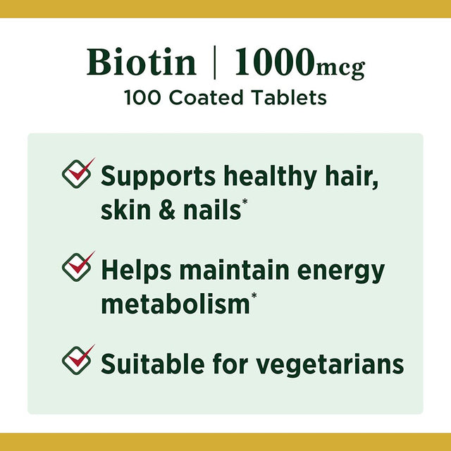 Nature'S Bounty Biotin 1000 Mcg Vitamin Supplement Tablets 100 Each