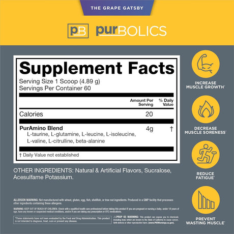 Aminos | Supports Muscle Recovery & Growth | 4G of Free-Form Amino Acids, Beta-Alanine, 0 Sugar & 60 Servings (Grape Gatsby)