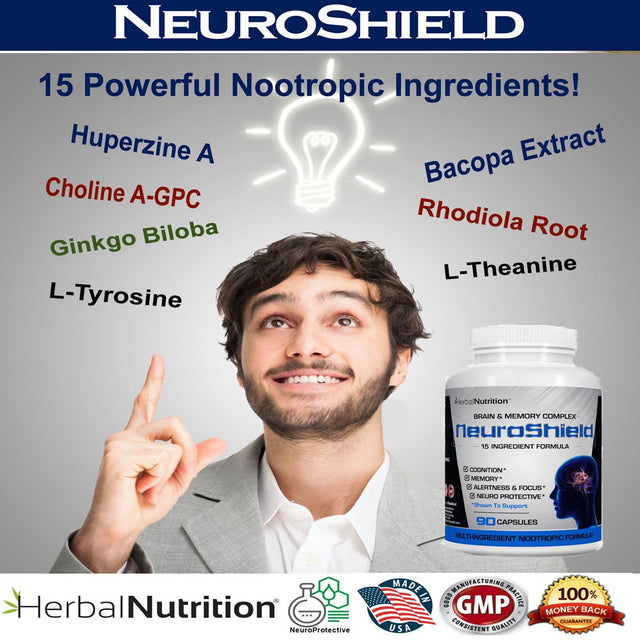 Neuroshield Advanced Memory Formula, Brian Boosting Ingredients, Bacopa, Huperzine-A & More Three Bottles