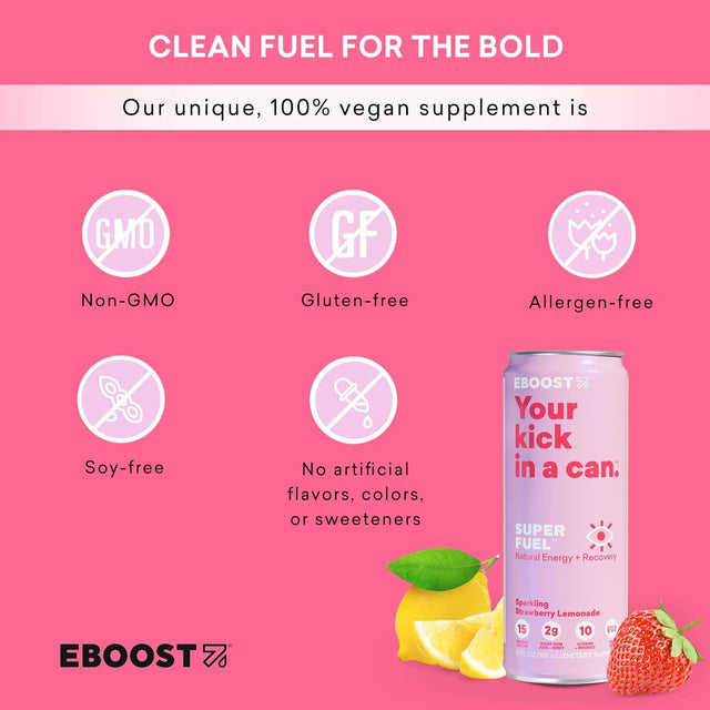 EBOOST Super Fuel Natural Nootropic Energy Drink | Electrolytes + Vitamins (B12) + Milk Thistle | Sports Preworkout Drink, Healthy Mixer, Travel, Work/Study (12 Fl Oz, 24 Pack) (Strawberry Lemonade)