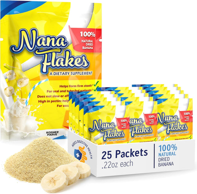 Nutritional Designs Nana Flakes Anti-Diarrheal Banana Powder, IBS Relief & Heart Burn Remedy, 100% Pure Banana Flakes Medical Food - Natural - High Protein & Fiber (25 Single-Serve Packs)