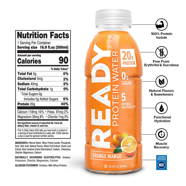 Ready Protein Water, 20G of Whey Protein Isolate, Sugar Free, Orange Mango, 12-Pack, 16.9 Fluid Ounces Each