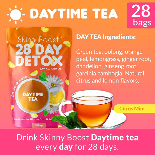 Skinnyboost 28 Day Detox Daytime Tea -(28 Tea Bags) Supports Metabolism Boost, Detox, All Natural, Non GMO, Vegan, Keto Friendly