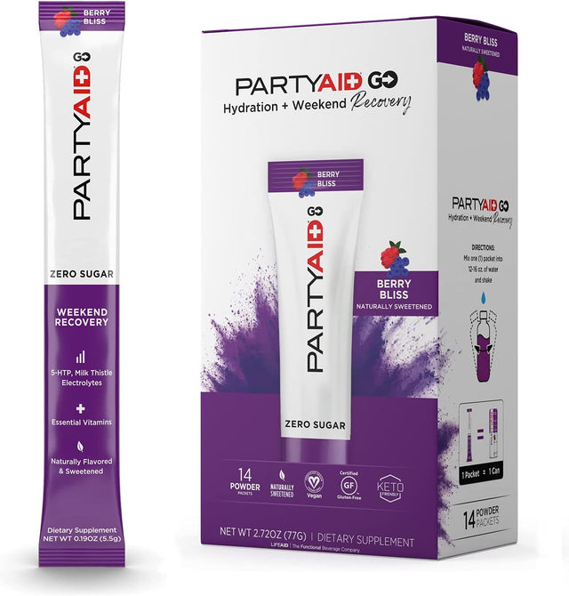 PARTYAID GO! Feel Good Tonight and Tomorrow, Zero Sugar, 5-HTP, B-Complex, Milk Thistle, Electrolytes, No Artificial Flavors or Sweeteners, Caffeine-Free, 14 Count (Pack of 1)