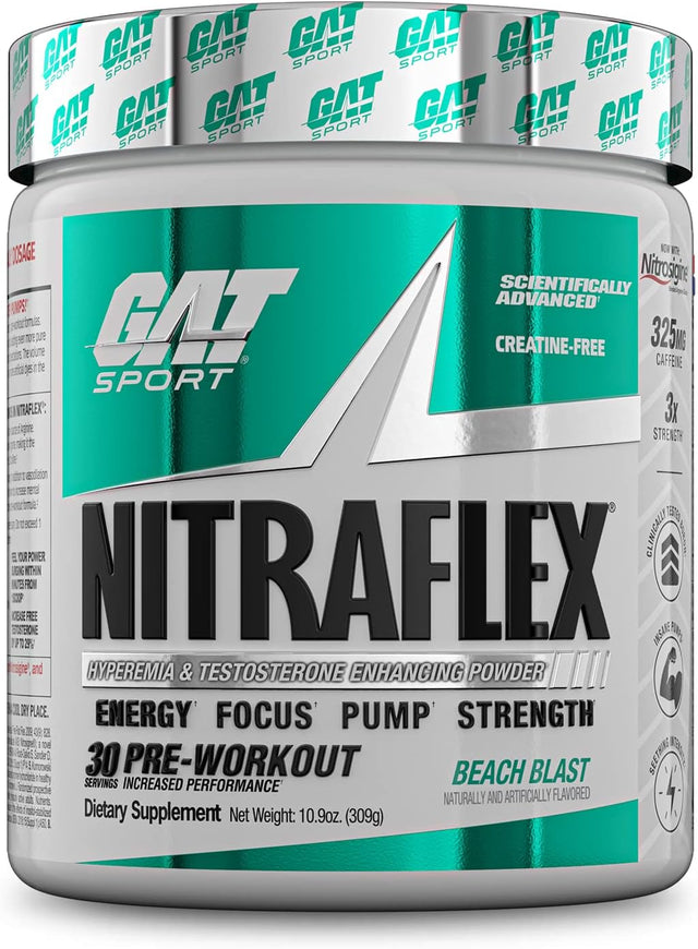 GAT SPORT Nitraflex Advanced Pre-Workout Powder, Increases Blood Flow, Boosts Strength and Energy, Improves Exercise Performance, Creatine-Free (Beach Blast, 30 Servings)