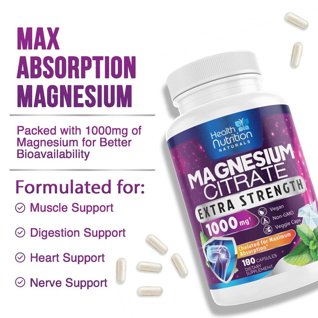 Magnesium Citrate Capsules 1000Mg - Max Absorption Magnesium Powder Capsules for Muscle, Nerve, Bone and Heart Health Support, High Absorption Citrate Complex, Gluten Free, Non-Gmo - 180 Capsules