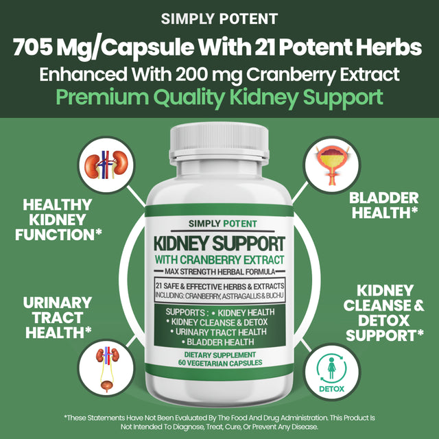 Kidney Support, Cleanse & Detox Supplement, High Potency 705Mg Capsules Contain 21 Herbs Including Cranberry, Birch, Buchu, Uva Ursi & Astragalus to Support for Kidney, Bladder & Urinary Tract Health