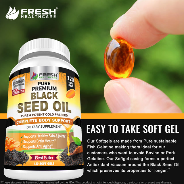 Black Seed Oil Pills Cold Pressed 1300Mg per Serving, 100% Pure & Premium Non-Gmo Nigella Sativa Black Cumin Seed Oil, Supports Immune System, Joint & Skin Health - 120 Liquid Softgel Capsules