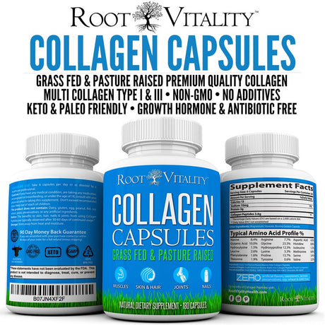 Root Vitality Collagen Pills, for Skin, Hair, Nails & Joints, Collagen Peptides, 180 Capsules