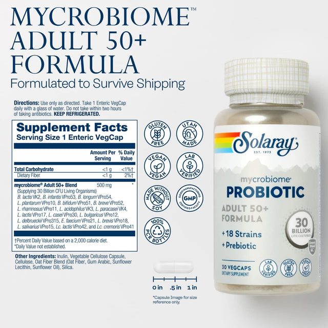 SOLARAY Mycrobiome Probiotic Adult 50 plus Formula, Probiotics for Women and Men, Healthy Digestion, Metabolism, Energy, Colon and Urinary Tract Support, 30 Billion CFU, 30 Servings, 30 Vegcaps