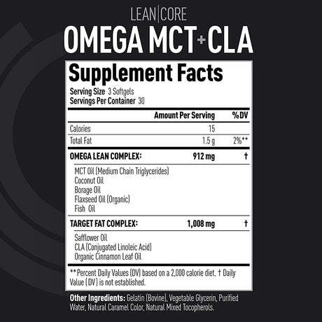 Lean CORE Omega MCT + CLA - Stimulant Free Health Formula, Lean Muscle & Toned Physique, Omega 3-6-9 Fatty Acids - Flaxseed Fish Oil- Coconut Oil- Keto Friendly 30 Day Supply (90 Softgels)