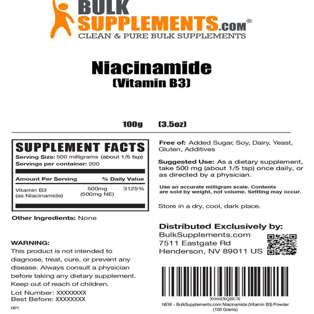 Bulksupplements.Com Niacinamide (Vitamin B3) Powder, 500Mg - Brain, Heart, & Joint Health Supplement (100G - 200 Serv)