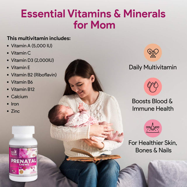 Chewable Prenatal Vitamins, 90 Count - Delicious Tasting Pregnancy Multivitamin with Folate (DFE Folic Acid), Vitamin A, C, D, E, B6, B12, Calcium, Zinc and More - Cherry Flavor - 45 Days