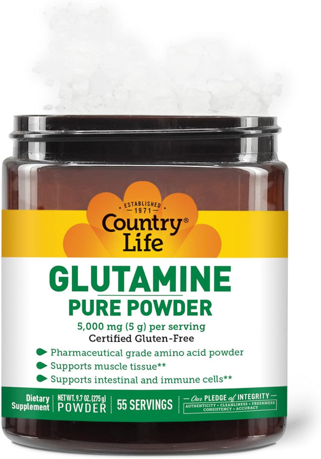 Country Life Glutamine Pure Powder 5000Mg, 9.7Oz Powder, 55 Servings, Supports Muscle Tissue - Supports Intestinal & Immune Cells - Pharmaceutical Grade Amino Acid, Certified Gluten-Free