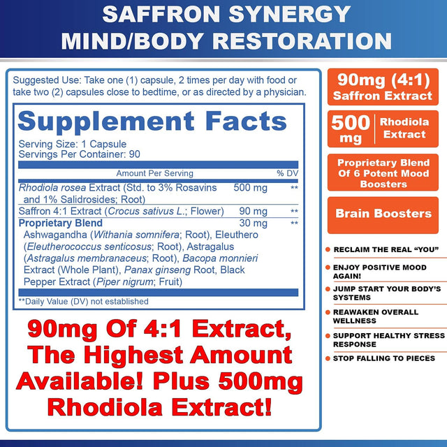 Saffron Synergy Extract 90Mg Rhodiola Extract 500Mg Best Saffron Supplement, Best Saffron Extract 4:1, Saffron Capsules, Saffron Pills, Complete Mind-Body Support with Rhodiola and Adaptogen Herbs