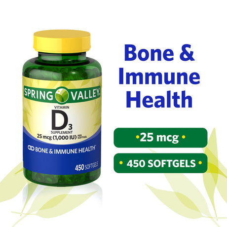 Spring Valley Vitamin D3 Softgels, 25Mcg, 1,000 IU, 450 Count