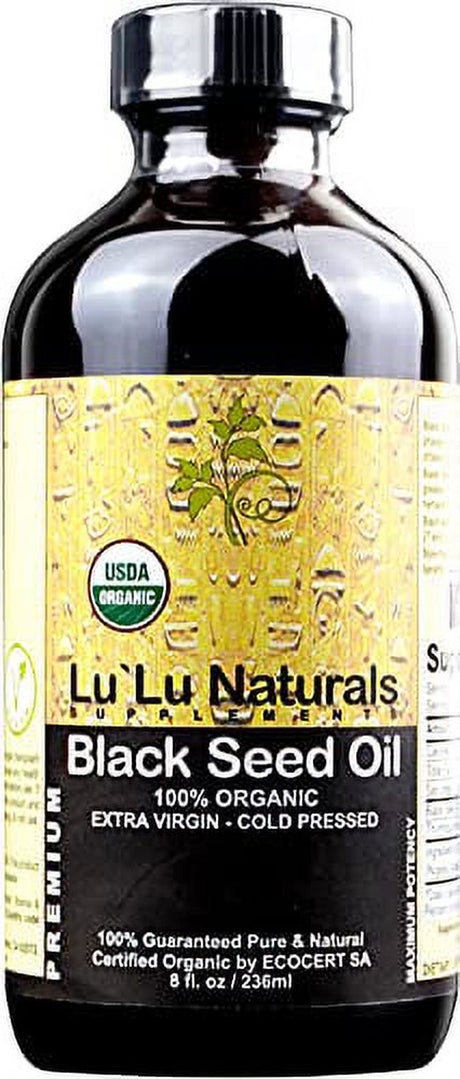 Lu'Lu Naturals 100% Organic USDA Certified Black Seed Oil 8Oz Cold Pressed, Extra Virgin. Made from Non-Gmo, Nigella Sativa - Cumin