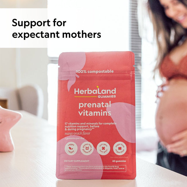 Herbaland - Prenatal Gummies - Vegan Multivitamin Supplement for Mothers before and during Pregnancy, Mango Peach Flavor