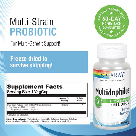 Solaray Multidophilus 3 Freeze Dried | 3 Billion CFU | Probiotics L. Acidophilus, B. Bifidum, and L. Bulgaricus for Healthy Gut Support | 100 Vegcaps