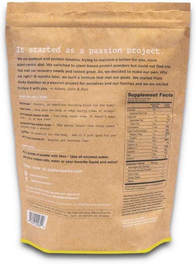 Plant Works Nutrition - 100% Plant-Based Performance Protein Powder with Super Herbs, Amino Acids, 7G Fiber, Non-Gmo, Vegan, Gluten Free (15 Serving Bag, Vanilla)