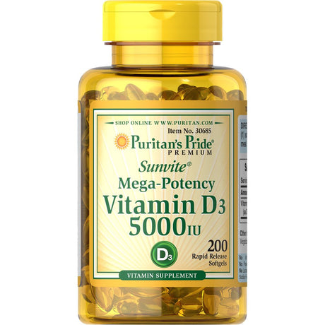 Puritans Pride Vitamin D3 5000 IU Softgels, 200 Count