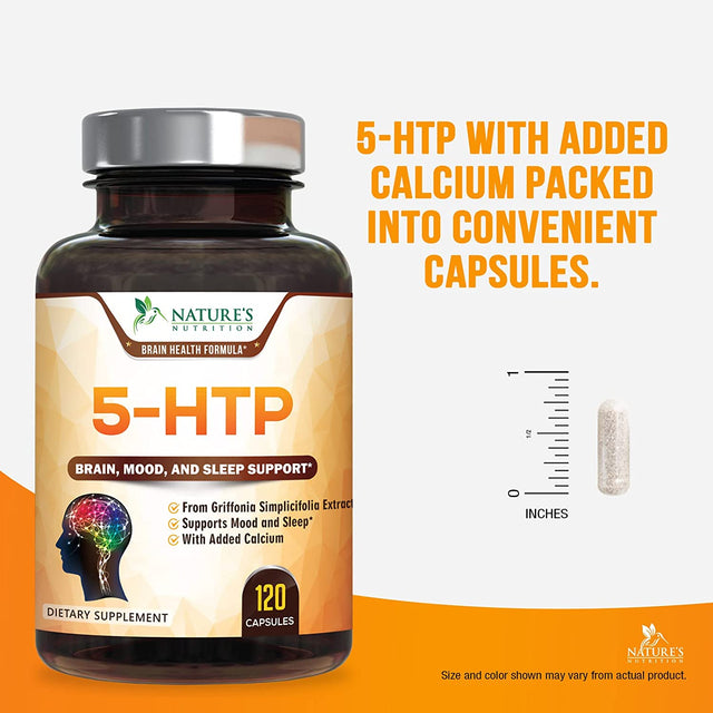 5-HTP Capsules 200 Mg 5HTP plus Calcium for Calm and Mood Support - Extra Strength 5 HTP - 5 Hydroxytryptophan Supplement - Premium, Natural, Gluten Free, and Non-Gmo - 120 Vegetarian Capsules