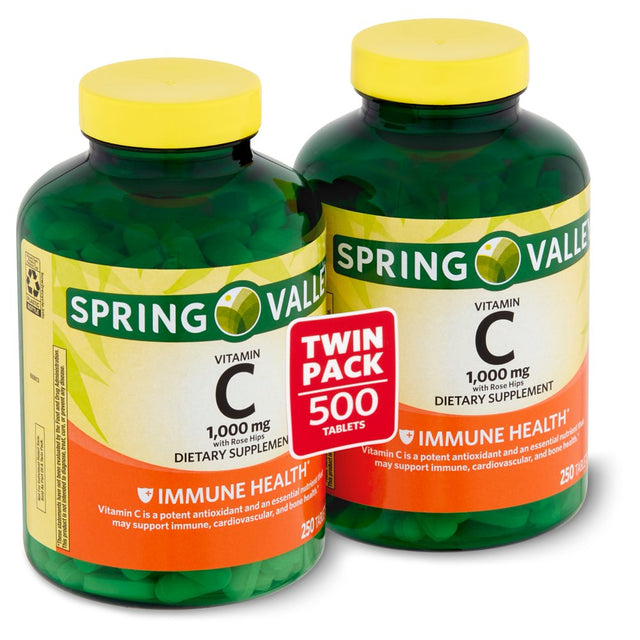 Spring Valley Vitamin C with Rose Hips Dietary Supplement Twin Pack, 1,000Mg, 250 Count, 2 Pack