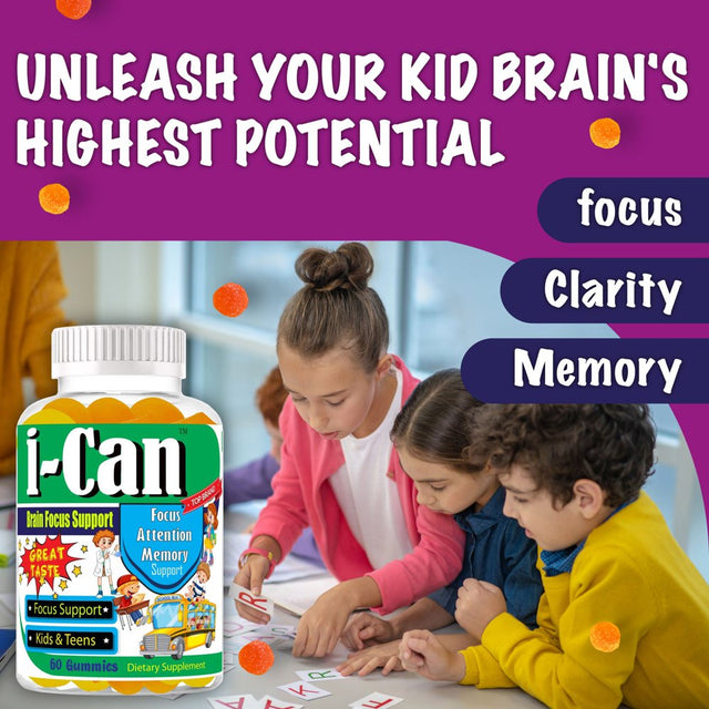 I-Can Brain Focus Supplements for Kids & Teens, Memory Booster Brain Vitamins with Omega 3 6 9, EPA DHA- 60 Gummy Vitamins