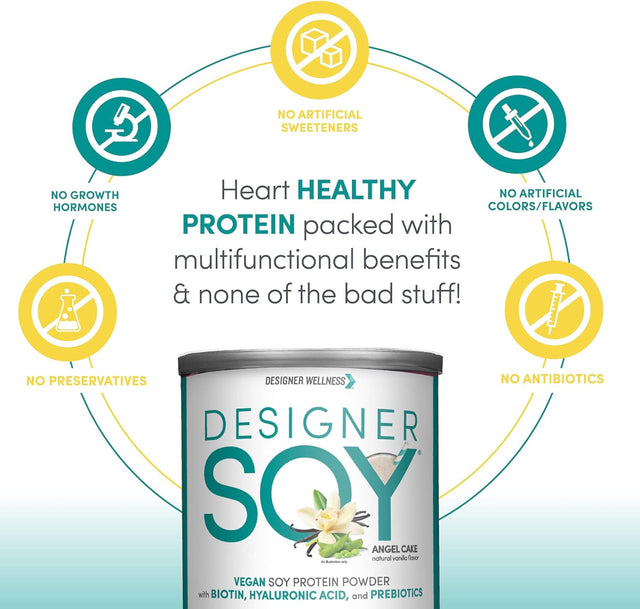 Designer Wellness, Soy Isolate Protein Powder with Biotin, Hyaluronic Acid and Prebiotics, Vegan, Zero Sugar, Non-Gmo, Angel Cake Natural Vanilla Flavor, 11.4 Ounces