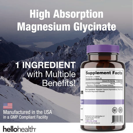 Hello Health Magnesium Glycinate 400Mg – Pure Magnesium Bisglycinate- Natural Calm, Sleep Support, Stress Relief, Heart, Muscle Recovery & Joint Support - 90 Caps