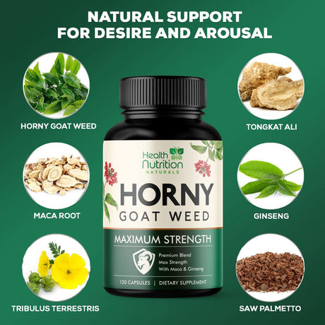 Extra Strength Horny Goat Extract for Men & Women - 1590Mg 3X Strength, Performance, Energy, Stamina with Maca, Saw Palmetto, Ginseng, L-Arginine & Tongkat Hornygoatweed Supplement - 120 Capsules