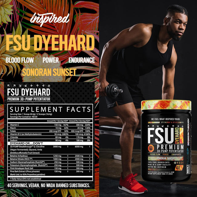 FSU DYEHARD Non-Stim Pre-Workout | 3D Pump + Nutrigp + NO3-T Nitrate | by Inspired Nutraceuticals (Sonoran Sunset)