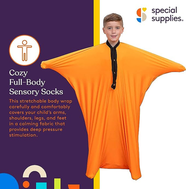 Special Supplies Orange Sensory Body Sock Full-Body Wrap to Relieve Stress, Stretchy, Breathable Cozy Sensory Sack for Boys, Girls, Safe, Comfortable, Calming Relief Cocoon (Medium 47"X27")