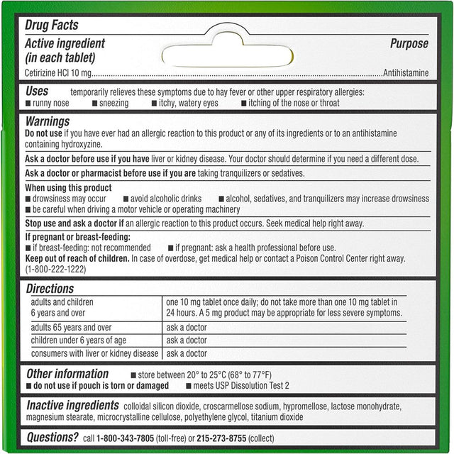 Zyrtec 24 Hour Allergy Relief Tablets, Cetirizine Hcl, 5 Ct, (5 X 1 Ct)