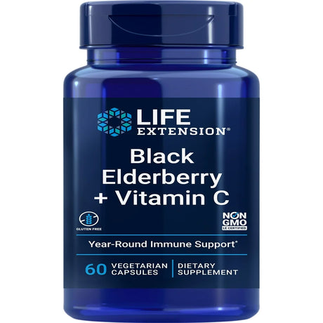 Life Extension Black Elderberry + Vitamin C - Daily Health and Immune Support - Gluten-Free, Non-Gmo - 60 Capsules