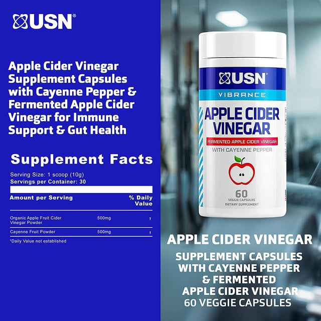 USN Vibrance Series Apple Cider Vinegar Supplement Capsules with Cayenne Pepper & Fermented Apple Cider Vinegar for Immune Support & Gut Health- 60 Veggie Capsules (Pack of 1)