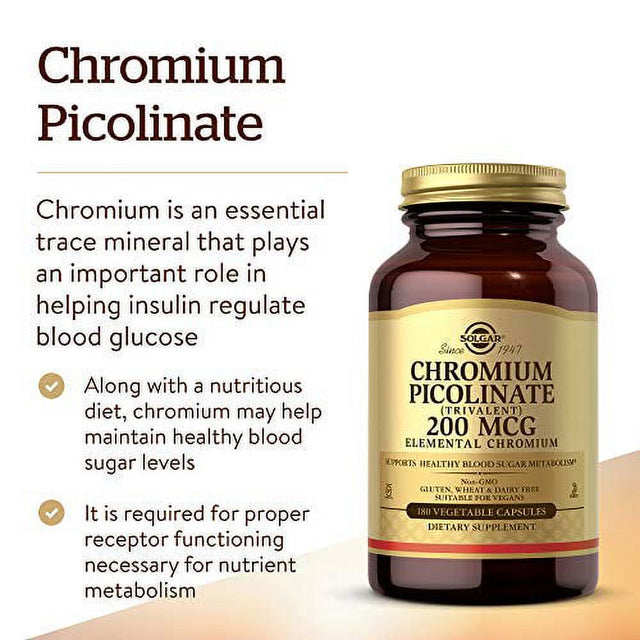 Solgar Chromium Picolinate 200 Mcg, 180 Vegetable Capsules - Supports Healthy Blood Sugar Metabolism - Non-Gmo, Vegan, Gluten Free, Dairy Free, Kosher - 180 Servings